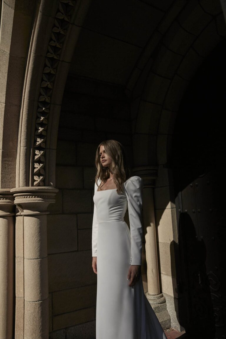 LILA_EY315 FULL CREPE FIT AND FLARE WEDDING DRESS WITH FULL SLEEVES AND BUTTON UP BACK EVIE YOUNG BRIDAL7