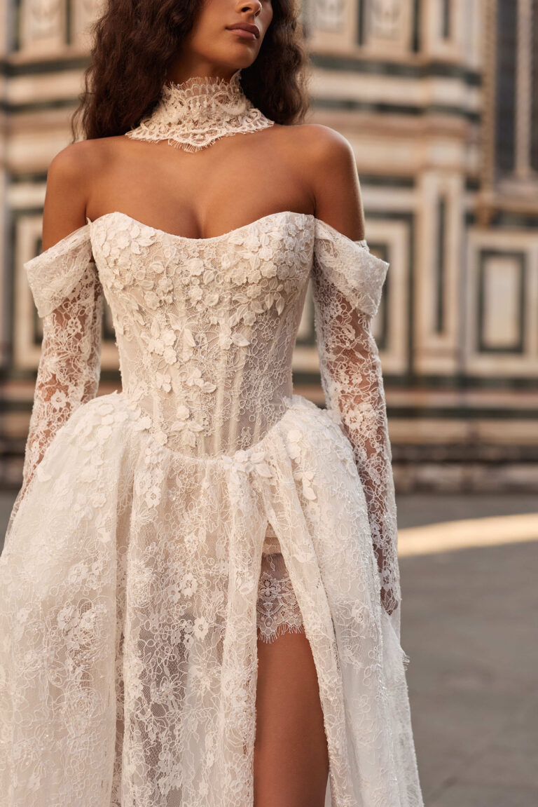 Liorina by Milla Nova Lace ballgown with 3D floral and left split with optional detachable sleeve at Wedding Belles of Four Oaks