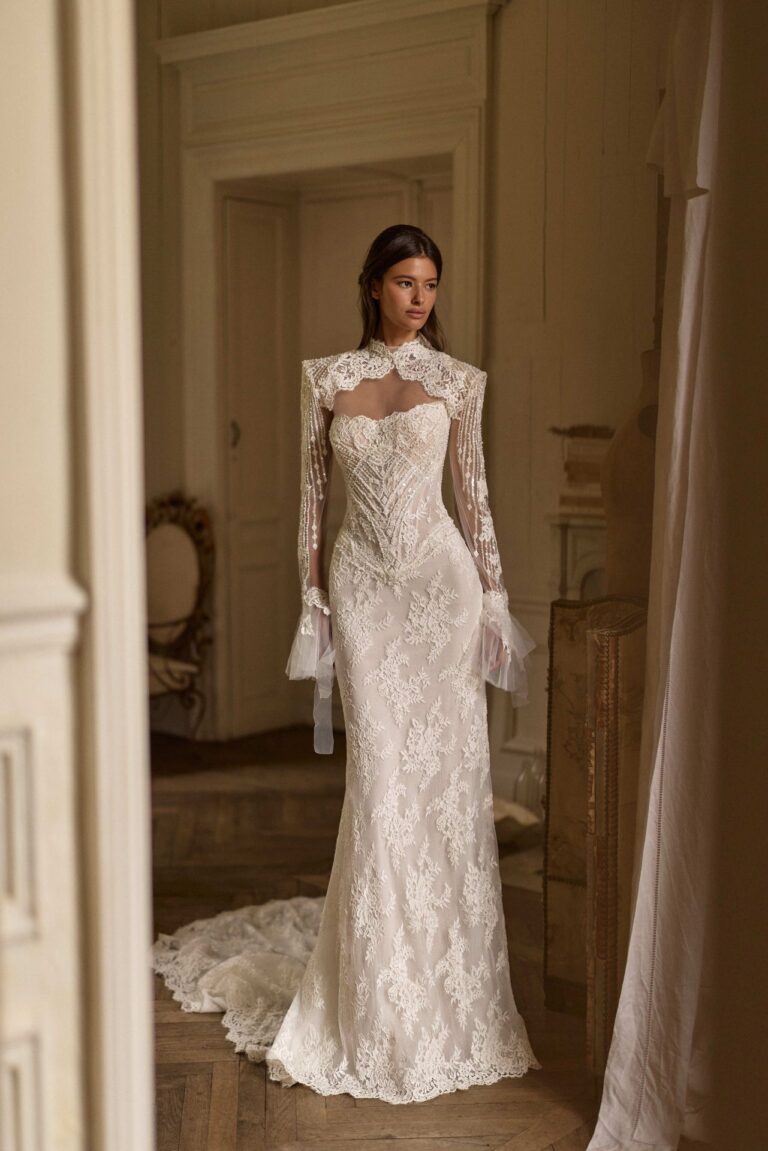Gleam wedding dress by Lorenzo Rossi by Milla Nova. Fitted Embellished bridal gown with optional long sleeve jacket