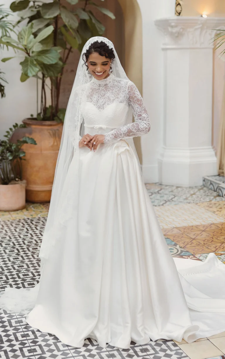 Essense of Australia mikado ballgown with high neck lace long sleeves modest wedding dress teamed with chantilly lace veil