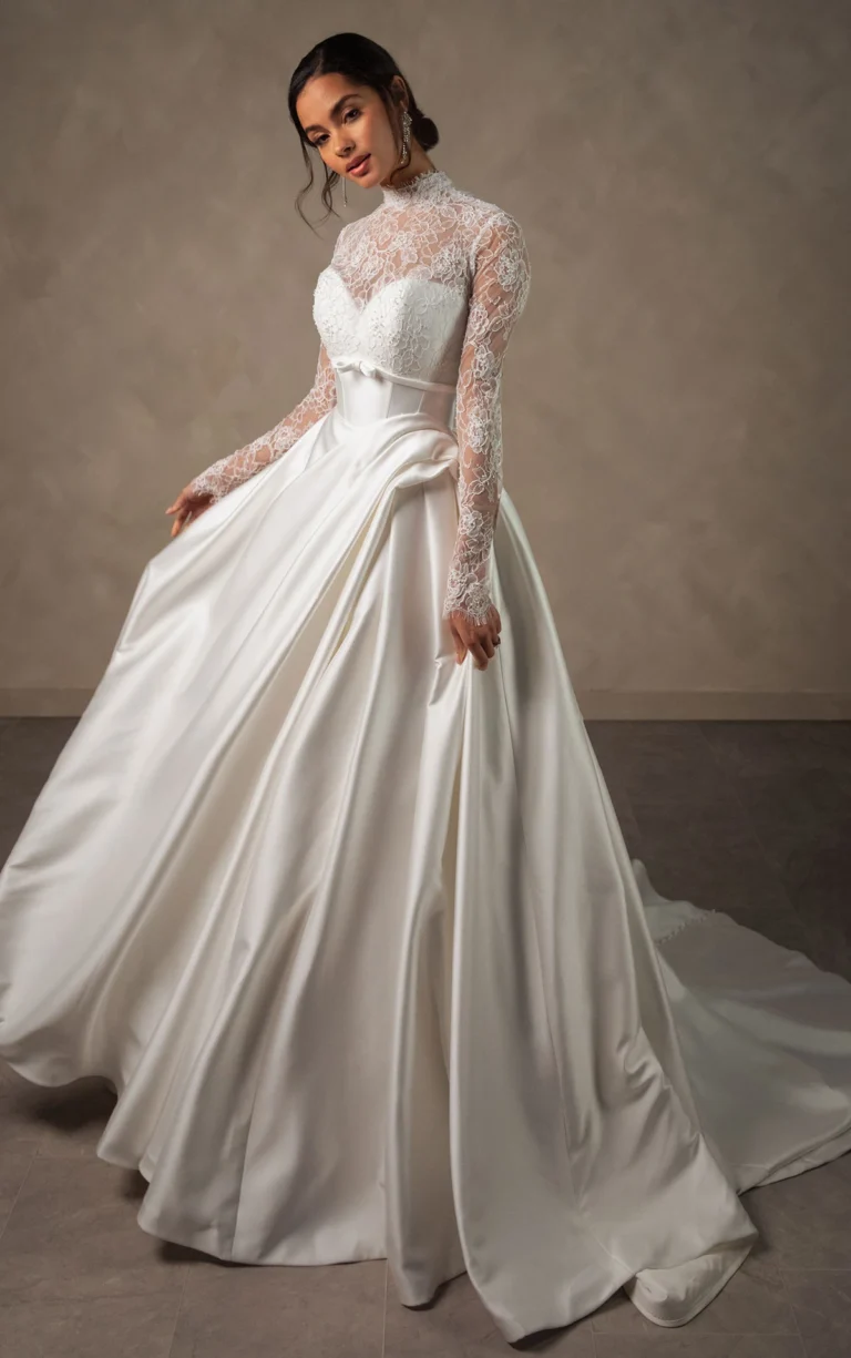 Essense of Australia mikado ballgown with high neck lace long sleeves modest wedding dress