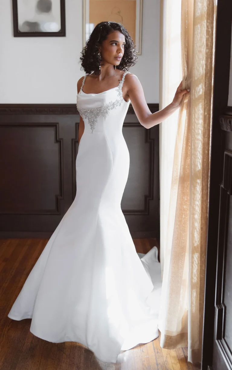 Satin fit and flare wedding dress by Essense of Australia with jewelled neckline and straps