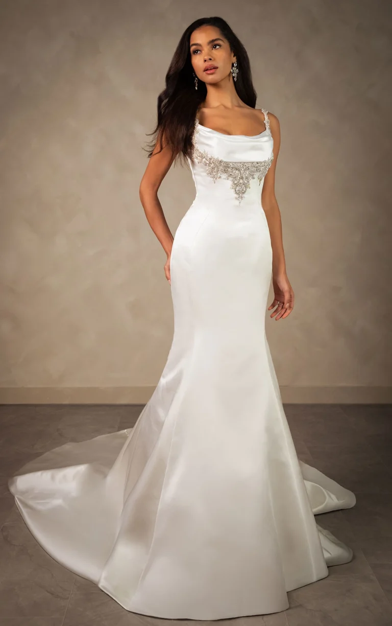 Satin fit and flare wedding dress by Essense of Australia with jewelled neckline and straps
