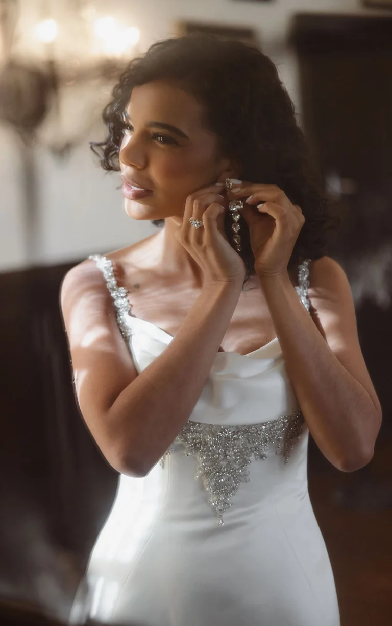 Satin fit and flare wedding dress by Essense of Australia with jewelled neckline and straps