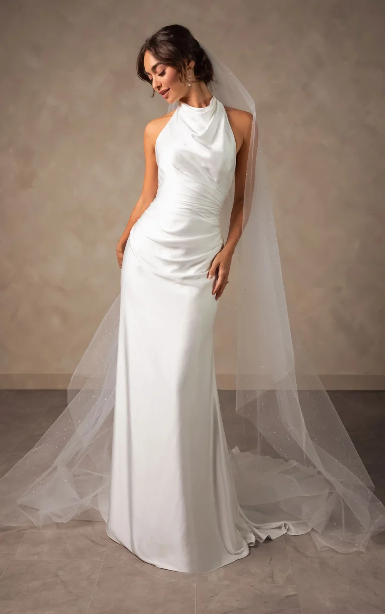 Essense of Australia silk satin fitted sheath wedding dress with high neckline with halterneck style D4614
