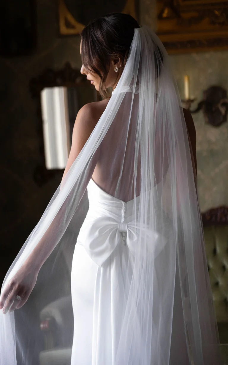 Essense of Australia silk satin fitted sheath wedding dress with high neckline with halterneck style and low bow back