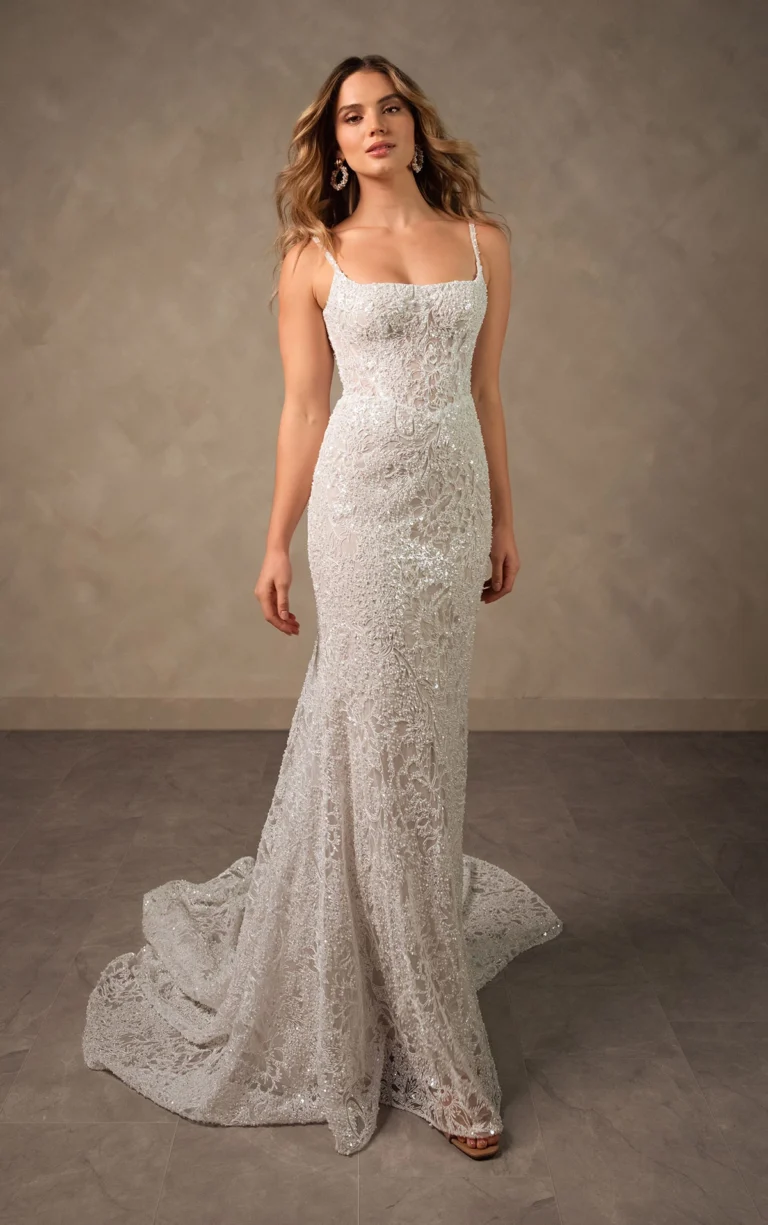 Fitted beaded lace wedding dress with square neckline and spaghetti straps from essense of Australia