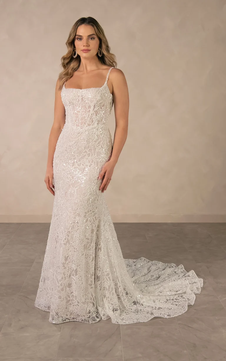Fitted beaded lace wedding dress with square neckline and spaghetti straps from essense of Australia D4615