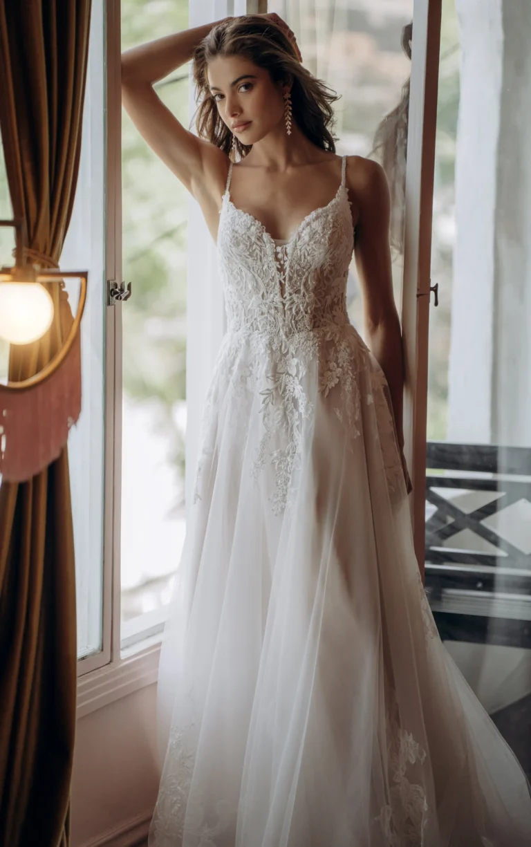 Delicate soft Aline tulle and lace wedding dress with a whimsical style SY8293
