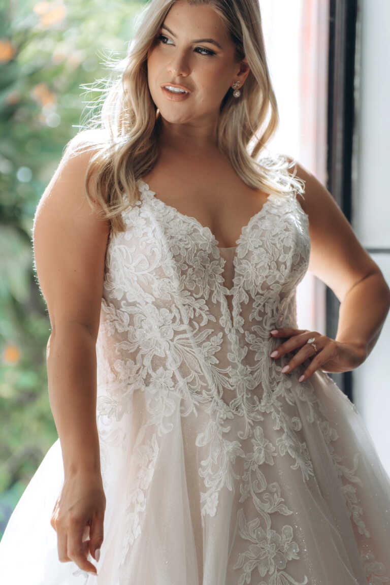 Stella York plus size Aline lace and tulle wedding dress with straps