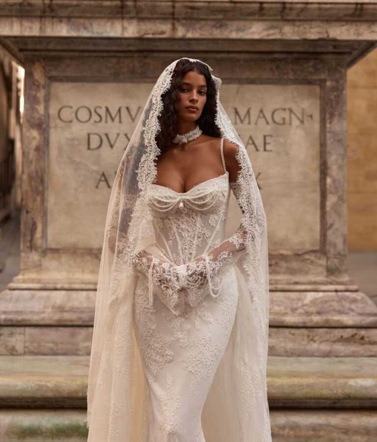 Botticella by Milla Nova wedding dress Fitted chantilly lace with sweetheart neckline and basque waist