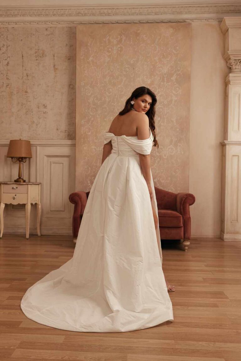 Plus size curvy Aline classic plain wedding dress with split leg by Wedding Belles of Four Oaks