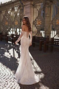 Fitted lace structed corset wedding dress at wedding Belles of Four Oaks by ivory bridal
